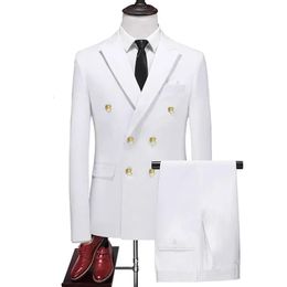 2023 Fashion Mens Business Double Breasted Solid Color Suit Coat Male Slim Wedding 2 Pieces Blazers Jacket Pants Trousers 240326