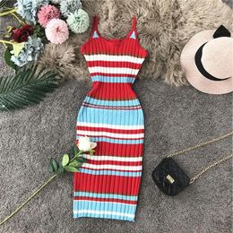 Casual Dresses Colourful Striped Suspender Dress Summer Slim Fit High Elastic Mid-Length Knitted Sleeveless Base Narrow