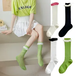 Women Socks Japanese Korea JK Y2k Kawaii Fresh Green Solid Colour Forest Girl Mesh Breathable Thin Cotton Pile Preppy Style Lolita Stockings