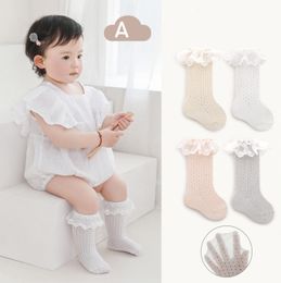 Summer Girls hollow knitted socks sweet kids lace embroidery falbala 3/4 knee high princess sox children cotton breathable thin legs Z1009