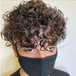 Toupees Toupees Curly Male Toupee Human Hair Replacement Systems For Men Hairpiece 20MM Curl All Vlooped Full Skin PU 10x8inch Brown Blac