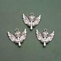 5pcs/lot--32x32mm Antique Silver Plated Angel Wings Charms Cupid Cross Vintage Pendants For Jewelry Making Supplies Diy Necklace