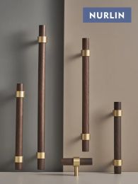 Nurlin Brass Natural Walnut Beech Wood Furniture Handle American Nordic Style Drawer Wardrobe Pull T Bar