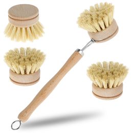 Replaceable Long Handle Pan Brush Wooden Kitchen Pot Brushing Set with 4 Brush Heads Bowl Washing Household Cleaning Tool