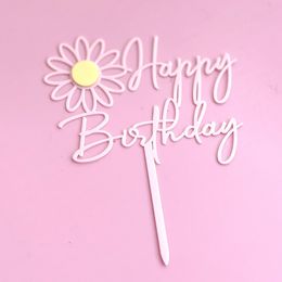 Happy Birthday Acrylic Cake Toppers Cute Daisy Flower Birthday Cake Dessert Decorations Kids Baby Shower Party Baking Supplies