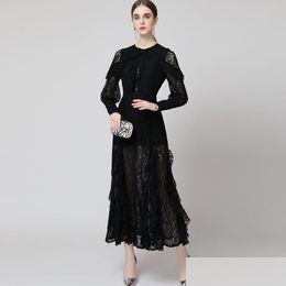 Runway Dresses Womens O Neck Long Sleeves Ruffles Y Spit Elegant Lace Dress Party Gown Drop Delivery Apparel Clothing Dhffw