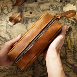 Bags Large Capacity Pencil Case Genuine Leather Pen Pouch Zipper Cowhide School Bag Student Retro Stationery Storage Bag Pen Box