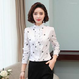 Women's Blouses Print Ruffles Blouse Elegant Office Lady Business Formal Blusas Ruffle Flounce High Neck Plus Size Tops