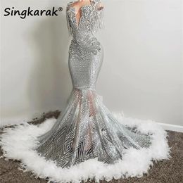 Party Dresses Silver Diamonds Long Prom 2024 Sexy Sparkly Beads Rhinestone Crystal Feathers Birthday Wedding Gown Vestidos