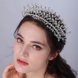 Silver Rhinestone Pearl Diamonds Bridal Crown Headband Luxury Bride Party Headpieces Handmade Wedding Hair Accessories Jewelry