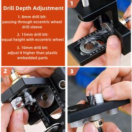 3 In 1 Adjustable Doweling Jig Woodworking Pocket Hole Jig with 6/8/10/12/15mm Drill Bit for Drilling Guide Locator Puncher Tool