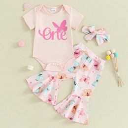 Clothing Sets Baby Girls Summer Short Sleeve Letters Print Romper Butterfly Flare Pants Headband One Year Old Birthday Outfit