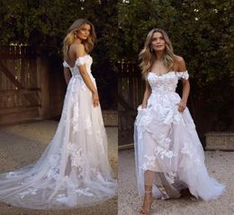 Beautiful Country Cheap Plus Size Bohemian Wedding Dresses Backless A Line Off Shoulder Appliqued Tulle Boho Wedding Dress Bridal 2396898