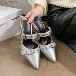 Dress Shoes Punk Goth Metal Buckle High Heels Womens Sandals Summer 2024 Pointed Toe Silver Party Fashion Pumps Tacones H240403YFQH