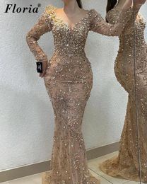 Party Dresses Champagne Sequined Prom Mermaid Long Sleeves Evening Gowns With Pearls Vestidos De Noche Cocktail