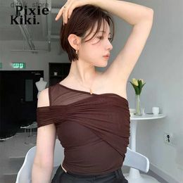 Women's Tanks Camis PixieKiki Asymmetrical One Shoulder Backless Crop Tops Gurnge Y2k Clothes Brown Mesh Patchwork Sexy Tshirts for Women P85-AH10 Y240403