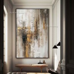 Contemporary Art Abstract Canvas Painting Gray Gold Oil Painting Hand Painted Gold Foil Paintings Large Wall Art Abstract White Painting For Living Room Decor