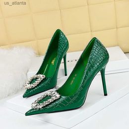 Dress Shoes BIGTREE New Woman Pumps Luxury Designer Shallow Rhinestone Pointed Toe PU 10CM Thin Heels Square Button Women white H240403A5B7