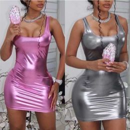 Womens Summer New Nightclub Short Skirt Sexy Lacquer Skin Tight Wrapped Hip Dress Sleeveless