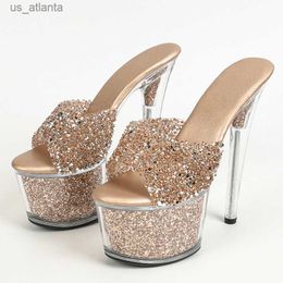 Dress Shoes Liyke Size 34-43 Sexy 20CM Women Platform Slippers Fashion Sequined Transparent Sandals Summer Open Toe Clear High Heels H240403U351