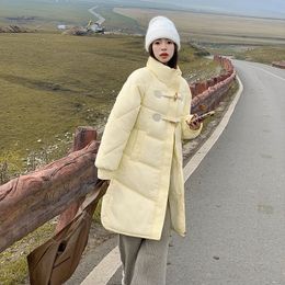 스탠드 칼라 두꺼운 경적 버튼 아래로 패딩 된 재킷 여성 중간 긴 겨울 작은 남자 우유 노란 빵 패딩 자켓