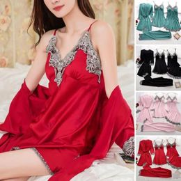 Home Clothing 5 Pcs/Set Women Pajamas Suit Nightgown Nightdress Top Shorts Pants Set Silky Satin Lace-up Waist Homewear Sleepwear