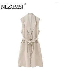 Women's Vests Nlzgmsj 2024 Women Summer Long Coats Solid Sashes Bow Tie Linen Waistcoat Female Elegant Street Outerwear Clothing