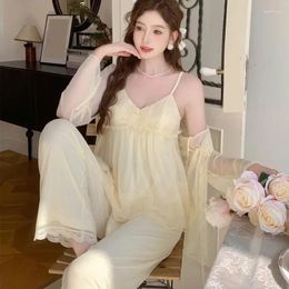 Home Clothing Three Piece Mesh Pajamas Set Women Lace Kimono Bathrobe Pijamas Suit Spring Princess Court Style Sleepwear Clothes