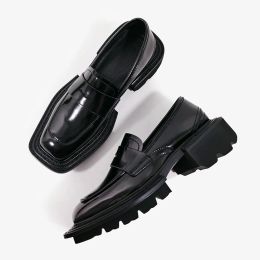 Flats Fashion Square Toe Women Leather Shoes Black Thick Sole Platform Shoes Woman Creepers Prom Dress Shoe Loafers Ladies Footwear