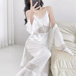 Home Clothing Three Piece Pyjamas Set Cardigan Clothes Sexy Cami Bathrobe Pants Sleepwear Satin Nightwear Women Pyjamas