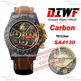 DIW Carbon SA4130 Automatic Chronograph Mens Watch DIWF Skeleton Yellow Gold Arabic Dial Brown Nylon Strap Super Edition Same Serial Card Puretime Reloj PTRX
