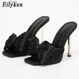 Dress Shoes New Novelty Silk Butterfly-knot Women Slippers Plated Heels Square Toe Party Slip On Stiletto Slides H24040332D5