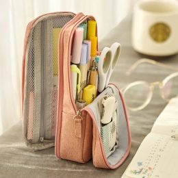 Bags Angoo Youth Pen Bag Pencil Case, Mint Stripe Simple Pink Dots Canvas Pens Phone Holder Storage Pouch for Stationery School F171