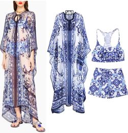 Summer Blue And White Porcelain Suit Dress Women Fashion Design Short Tank TopShorts Chiffon Robe Three Pieces Vestidos Beach 240403