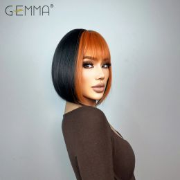 GEMMA Black Short Bob Wig with Orange Bangs Copper Brown Synthetic Cosplay Hair Wigs for Women Daily Heat Resistant Fibre Wig