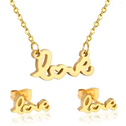 Necklace Earrings Set LUXUKISSKIDS Lover's Stainless Steel Gold Letter Wedding Necklaces Earring Dubai Jewellery For Women Girls