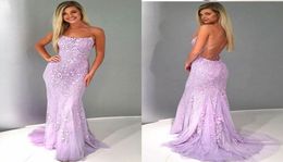 2022 Fashion Lavender Mermaid Prom Dresses Long Sexy Spaghetti Deep Vneck Lace Backless Formal Gowns Elegant Evening Dress Plus S8872284