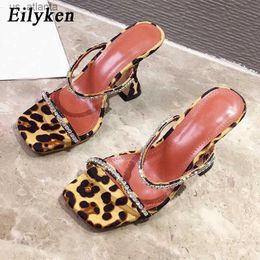 Dress Shoes New Fashion Rhinestone Chain Women Slippers Sandals Strange Cup Heels Sexy Leopard Print Square Toe Ladies H240403ZLJ8