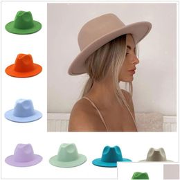 Stingy Brim Hats Classical Wool Felt Wide Fedora Hat Pearl Belt Pink Solid Caps Men Women Winter Derby Wedding Church Jazz 220513 Drop Dh6Cw