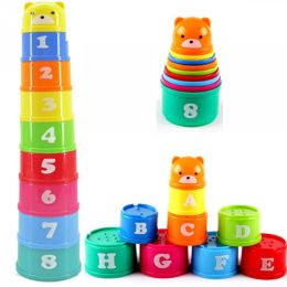 9pcs/set Kids Stack Cups Toys Early Educational Figures Letters Foldind Stack Cup Tower Baby Intelligence Training Toy Gifts