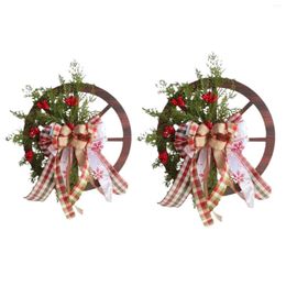 Decorative Flowers Front Door Christmas Wreath Wooden Gears Spring Summer With Bow And Berry