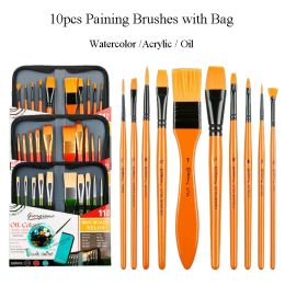 Supplies 10 Pcs Imported Nylon Hair Multifunction Brushes Safety Paint Watercolor Oil Painting Acrylic Brushes with Cloth Bag Artist