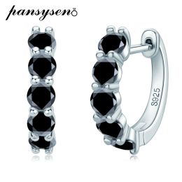 Earrings PANSYSEN Solid 925 Sterling Silver 3.5MM Real Black Moissanite Hoop Earrings for Women Men Anniversary Party Fine Jewelry Gift