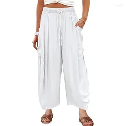 Women's Pants European And American Elastic Waist Pleated High Waisted Wide Leg Loose Casual Cotton Linen