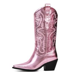 Metallic Cowboy Boots Pink Western Cowgirls Boots For Women Pointed Toe Stacked Heeled Mid Calf Brand Design Embroideried Shoes