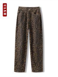 ULXH Leopard High Waisted Jeans Wide Leg Baggy Pants Streetwear Trousers Y2k Fashion 2024 Versatile Loose Denim Mom 240403