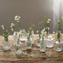 Vases Nordic Glass Embossed Vase Mini Transparent Hydroponics Plant Flower Bottle Ornaments Home Decoration