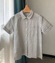 Ladies Summer 2022 New In 100% Linen Plaid Short Sleeve Blouse Shirt Top