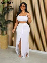 Work Dresses CM. Summer Women Sets Sleeveless Sexy Strap Crop Top And Tassel Long Skirt Night Club Party Beach 2 Two Piece