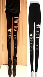 Sexy Women Goth Punk Slashed Ripped Cut Out Slit Stretch Pants Leggings Black Hold Women Pencil Leggings5310103